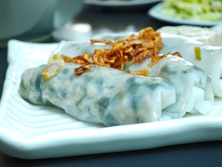 Vietnamese steamed rice paper rolls with minced meat.