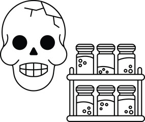 A skull is drawn next to a row of jars