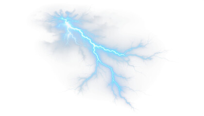 A dramatic display of brilliant blue lightning strikes against a stark black background in high resolution isolated on transparent png background.