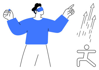 Person wearing VR headset interacting with virtual objects, arrows symbolizing progress, figure depicting motion. Ideal for technology, innovation, gaming, future tech, exploration, creativity