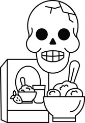 A skull is sitting on a table next to a box of cereal and a bowl of ice cream