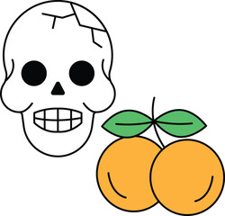 A skull is drawn next to a bunch of fruit, including a couple of oranges