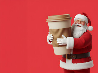Cheerful Santa Claus holding large coffee cup against red background