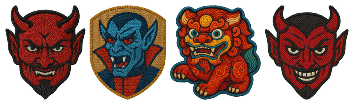 PNG Colorful embroidered mythical creature patches, element set on transparent background
