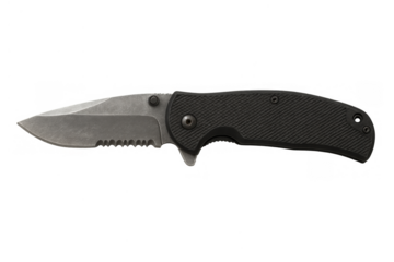 Folding pocket knife featuring a sturdy metal blade with a serrated edge and a textured black handle