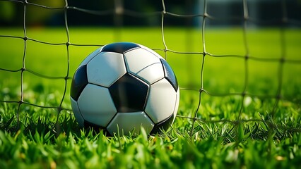 Soccer ball nestled in the net against a lush green field, capturing a moment of victory.