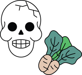 A skull is drawn next to a bunch of vegetables