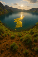 Baekdu Mountain's Heavenly Lake bathed in sunlight in the shape of a map of Korea