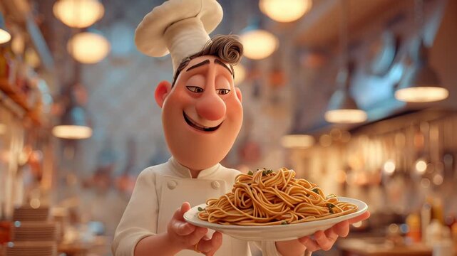 Animated chef presenting a plate of spaghetti in a cozy kitchen