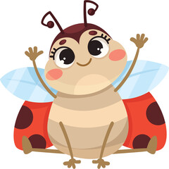 Cute cartoon ladybug character with large expressive eyes and beige stripes on its body sitting...