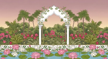 Traditional Mughal garden scene in Pichwai style featuring peacock and arches, designed for wallpaper