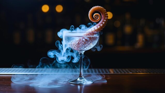 A surreal craft cocktail in a crystal glass with an octopus tentacle and dry ice smoke, on a dark, moody bar top.