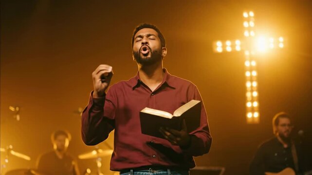 Christian man preaching holding a Bible on stage with a bright cross symbol and his worship band, religious footage