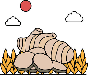 A drawing of a field with a large rock in the middle