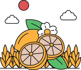 A drawing of a lemon and an orange with leaves in the background