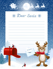 Layout letter to Santa Claus with wish list and cartoon funny fawn deer with envelope and mailbox against winter forest background