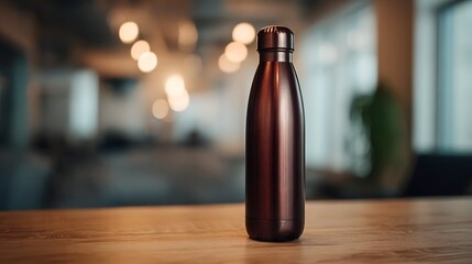 A metallic water bottle stands on a wooden desk in a blurred office background