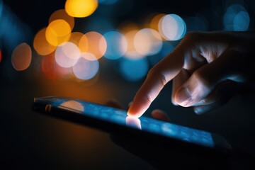 Point finger on screen phone closeup, person testing test message, touch blue screen on smartphone. Night Bokeh Light. Close-UP. Person using in hands mobile phone close up in the dark. Online wi-fi