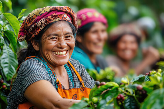 Happy latin american woman harvesting coffee beans with coworkers on sunny plantation in colombia, surrounded by lush greenery. Smiling, working together to pr. Coffee picking.International Coffee Day