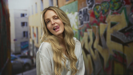 Woman with expressive face makes a playful gesture in a street setting featuring a young blonde...