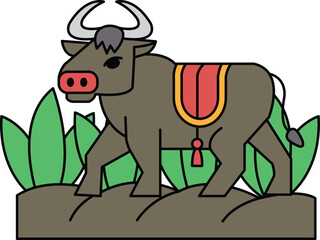 A black and white drawing of a bull with a saddle on its back