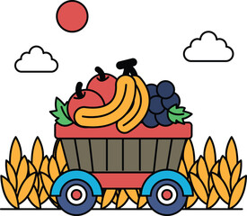 A cartoon drawing of a train with a basket full of fruits and vegetables