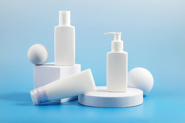White cosmetic containers on geometric podiums with blue background for skincare concept.
