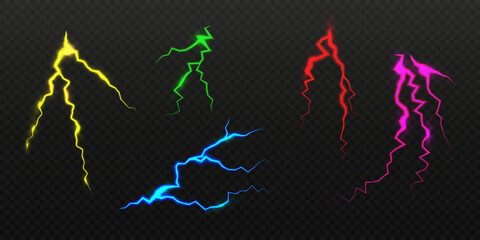 Set of four realistic, colorful lightning bolts or abstract electric discharges on a transparent dark background. Thunder vectors.