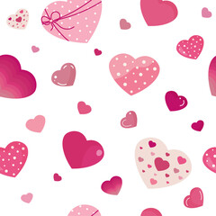 Seamless Valentine’s Day pattern with pink and red hearts in cute flat style. Perfect for wrapping paper, greeting cards, fabric, backgrounds, and romantic design projects.