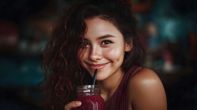 A young woman with curly hair smiles brightly while drinking a refreshing beverage from a mason jar with a straw evoking health and happiness - Powered by Adobe