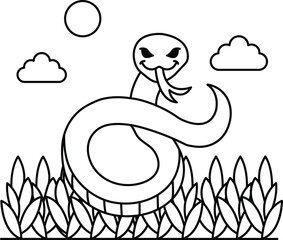 A snake is sitting on the grass with its tongue out