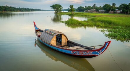 Obraz premium Traditional boat floating on a calm river with lush green vegetation