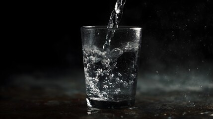 Crystal clear water is poured into a glass creating dynamic splashes and bubbles against a dark background