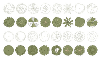 Top view trees for architectural plans and landscape design. Minimal vector illustration for urban planning, site plans, and architectural entourage.