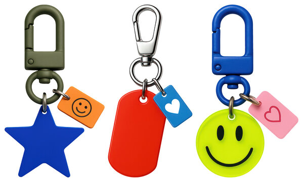 PNG Colorful keychains with playful designs, element set on transparent background
