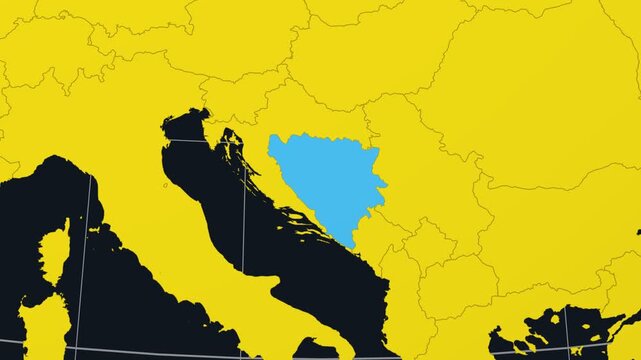 Bosnia and Herzegovina map. Animated zoom into the country on the Globe in Charcoal Bright Yellow color palette. Country logo animation. Map with meridians, parallels. Amazing video.