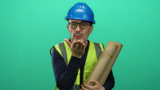 Man wearing blue helmet and safety vest holds rolled blueprints against green background while blowing kiss demonstrating construction theme.