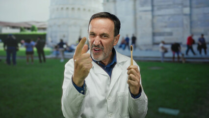 Man celebrating outdoors in pisa near iconic tower holding toothbrush with joyful expression in...