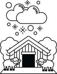 A black and white drawing of a house with two sheep in front of it