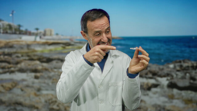 Mature hispanic man in a lab coat examines dental appliance at the seaside, showcasing thought in an outdoor oceanic setting. - Powered by Adobe
