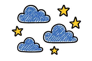 Hand drawn blue clouds and yellow stars in a childish scribble style on a white background