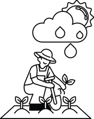 A man is working in a garden, planting a seedling