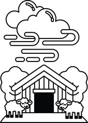A black and white drawing of a house with a barn and a flock of sheep