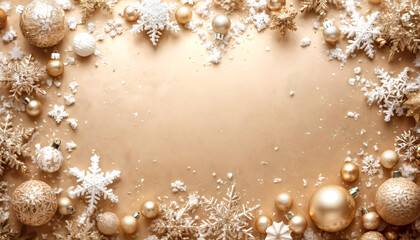 Christmas Background with Gold and White Ornaments and Snowflakes on Beige