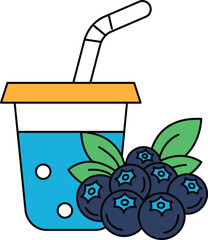 A cup of juice with a straw in it and a bunch of blueberries on top