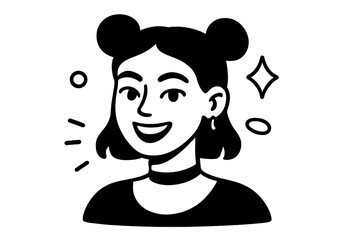 Portrait of a cheerful young woman with space buns hairstyle smiling broadly and radiating positive energy