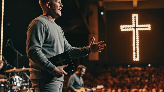 Man preacher delivering modern christian sermon during church service with glowing cross and music in background, footage