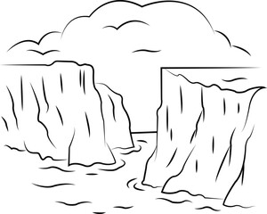 Minimalist Cliff and River Line Art — Abstract Mountain Canyon Landscape Drawing, Modern Nature Illustration for Wall Art