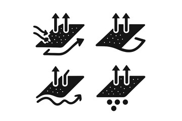 Four textile technology symbols for breathability, waterproof, quick dry, and moisture absorption features