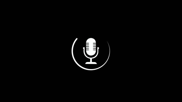 White microphone icon with circular outline on black background symbol audio a black backgraund .4k video animation.